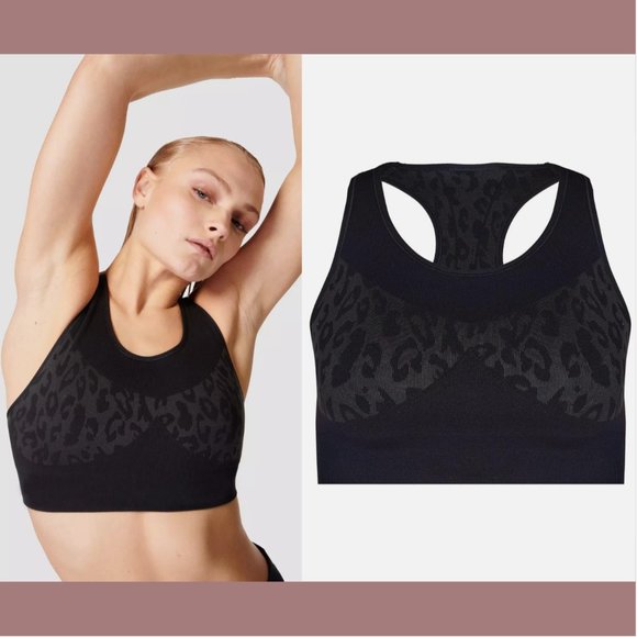 NWT $44 Sweaty Betty‎ [ Small ] Leopard Jacquard Stamina Sports Bra Black - Picture 1 of 11